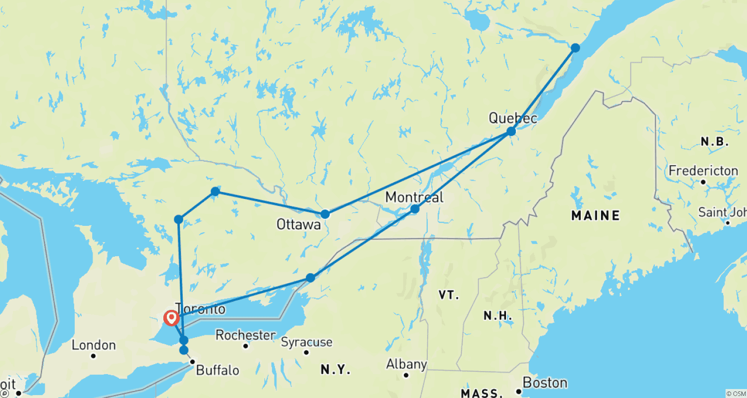 Eastern Explorer ミニツアー：トロント出発のルートマップ