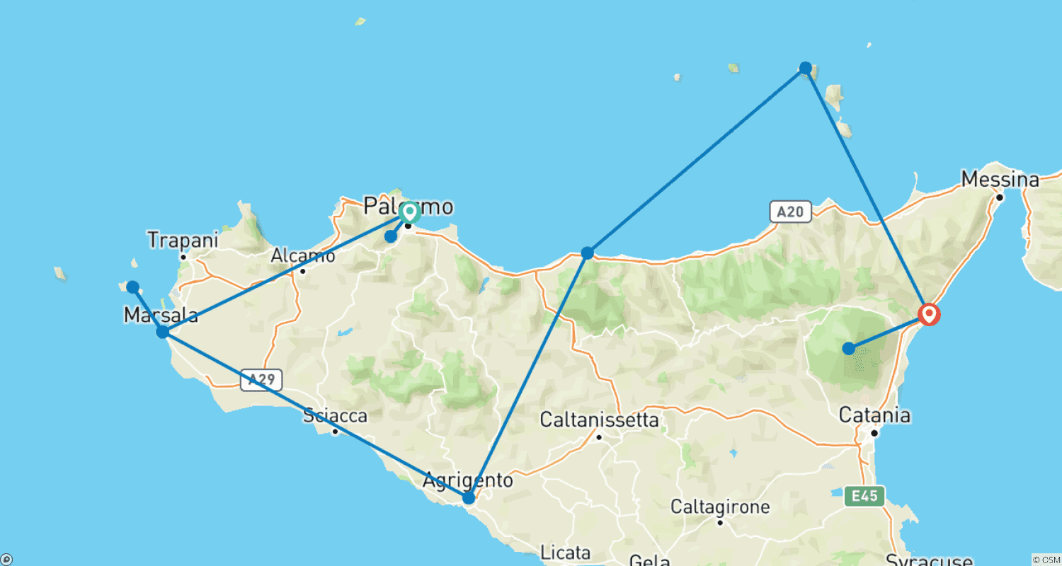 Mapa do percurso de Sicília e Suas Ilhas (Palermo a Taormina) (2026)