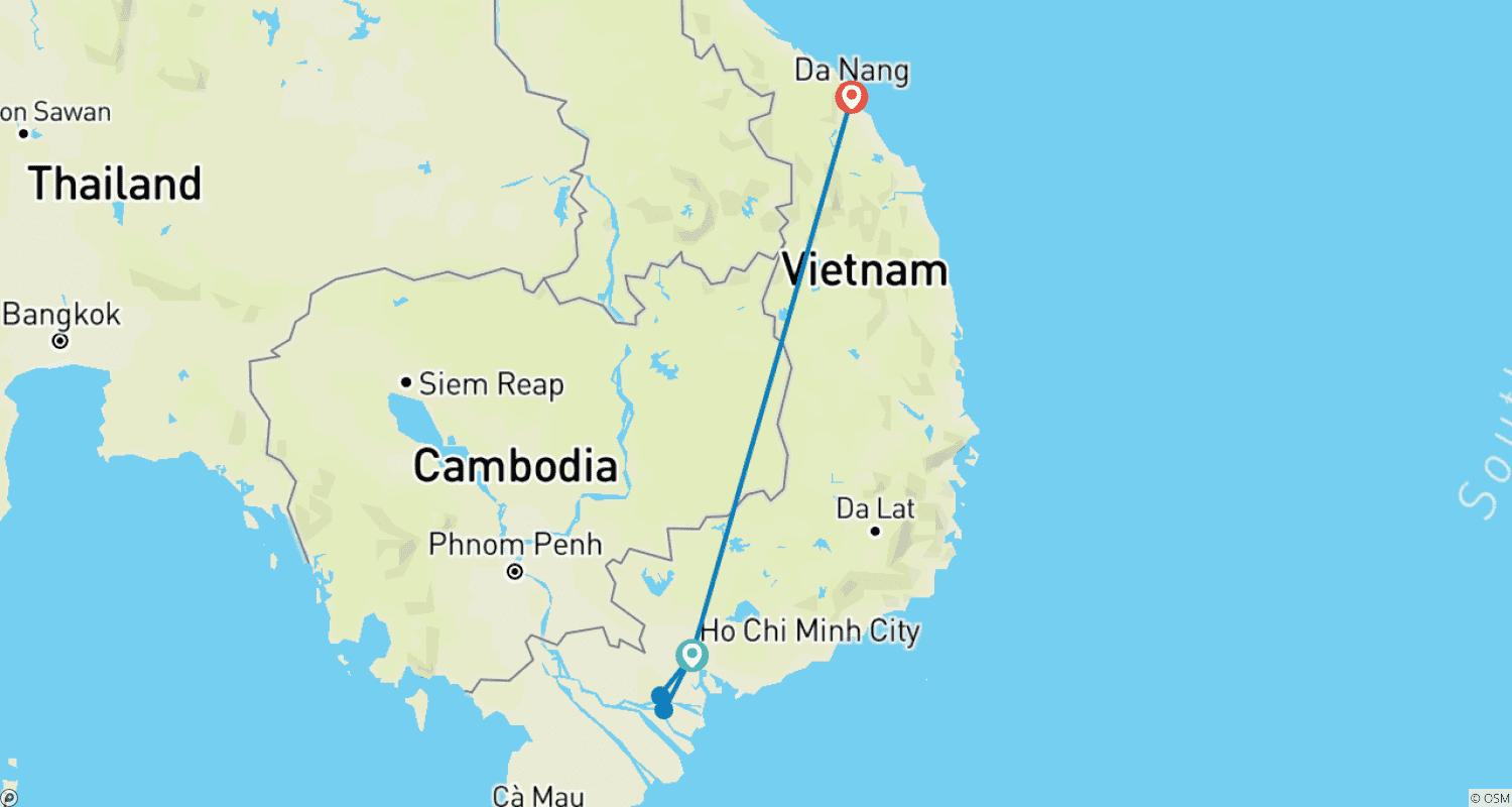 Mapa trasy: Wietnam 6-dniowe najważniejsze atrakcje: Ho Chi Minh i Da Nang – super oszczędnościowy pakiet