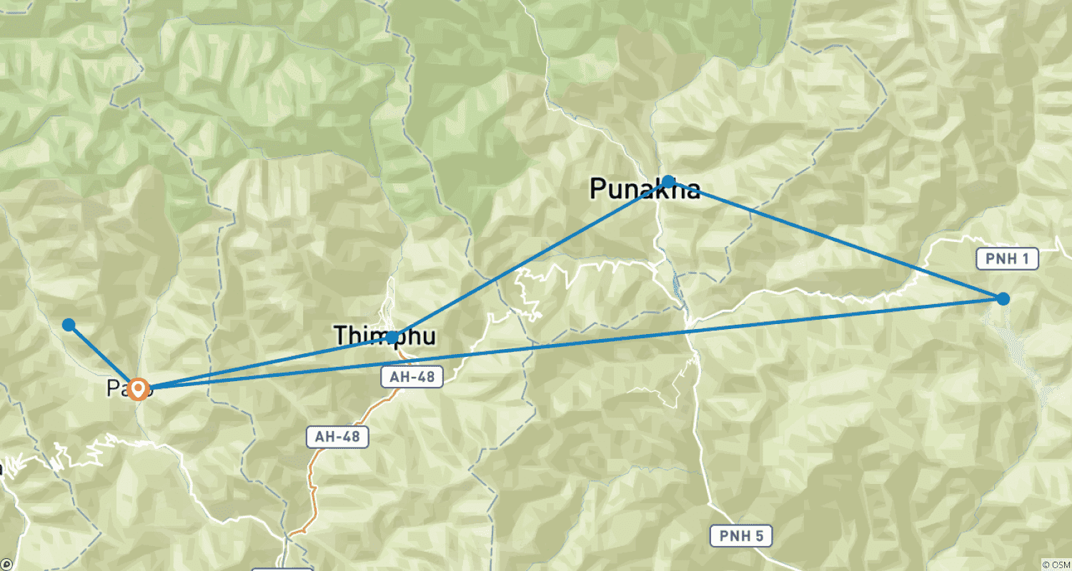 Mapa trasy: Essence of Bhutan: 8 Days Private tour of Thimpu, Punakha, Gangtey & Paro