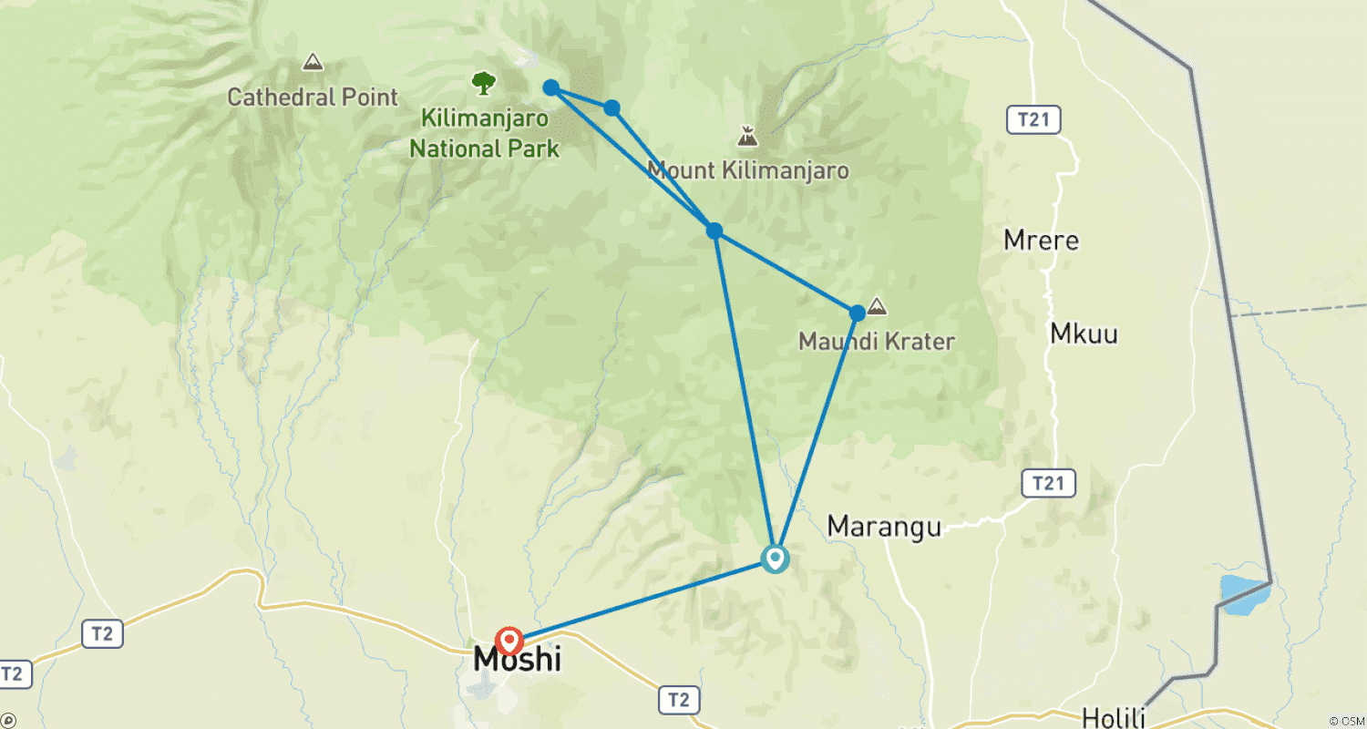 Mapa trasy: Najlepsze 7-dniowe przygody trekkingowe na Kilimandżaro trasą Marangu