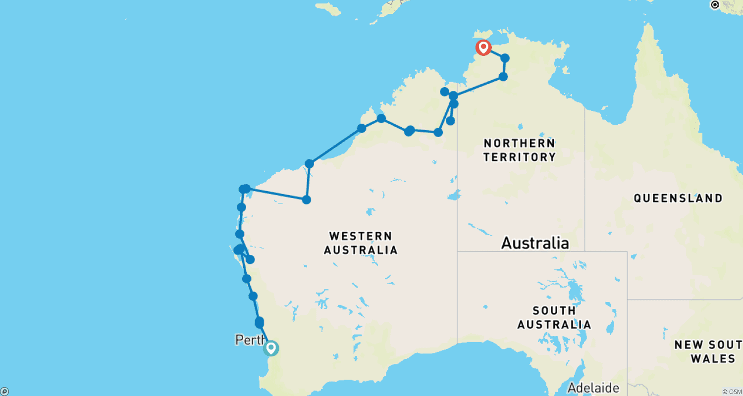 Mapa trasy: Perth do Darwin drogą lądową