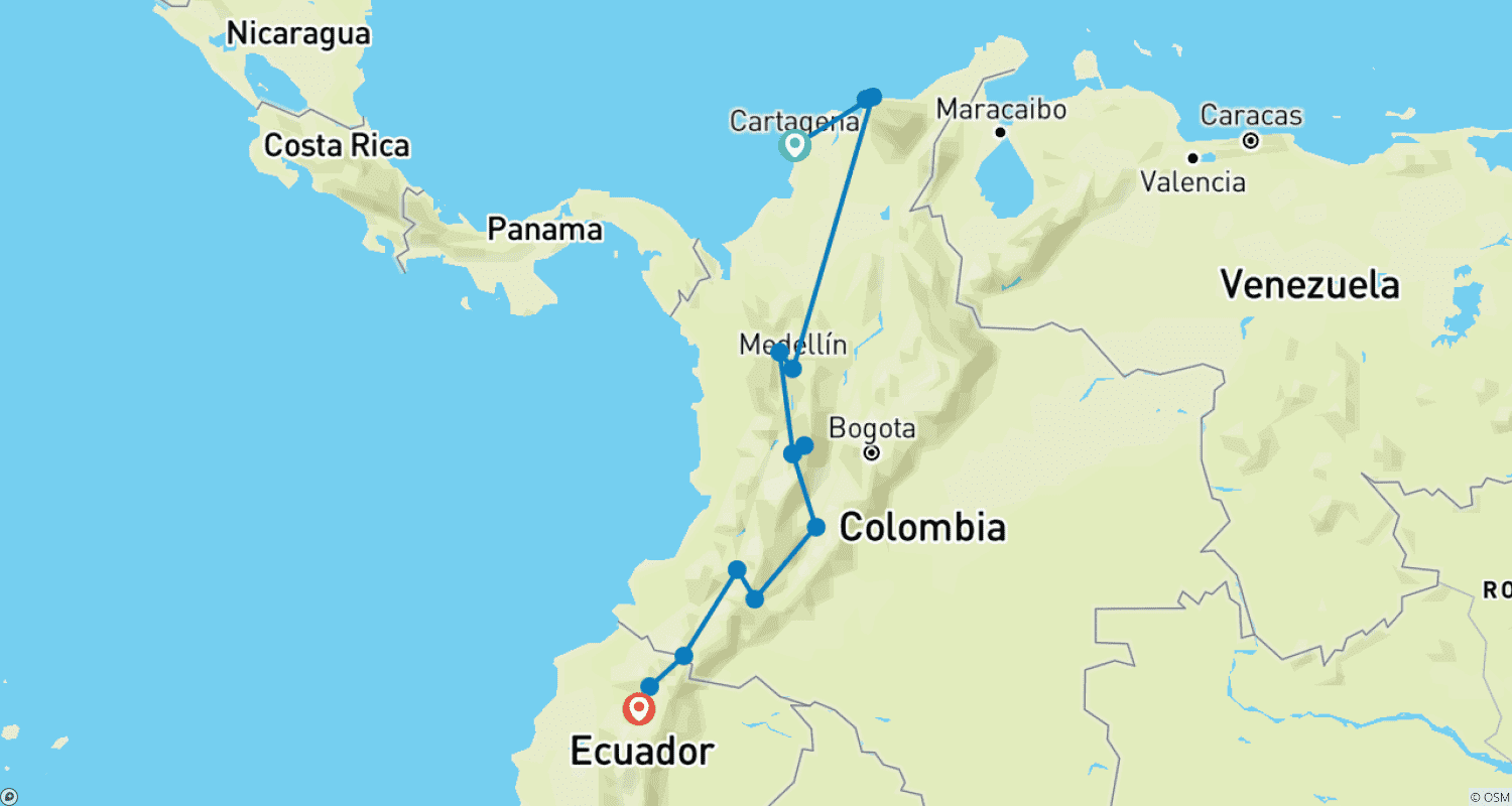 خريطة مسار CARTAGENA إلى QUITO (21 يومًا) مغامرة كولومبية