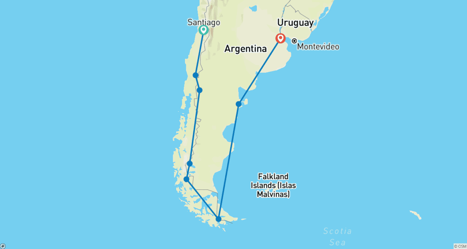 Mapa trasy: SANTIAGO do BUENOS AIRES (31 dni) Patagońska Przygoda