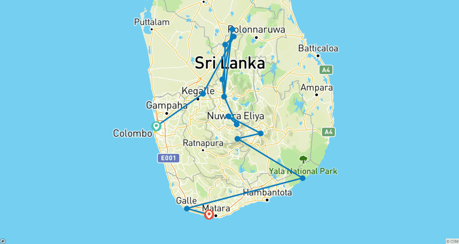 خريطة مسار Sri Lanka Express – 6-Day Highlights Tour & South Coast Drop-Off
