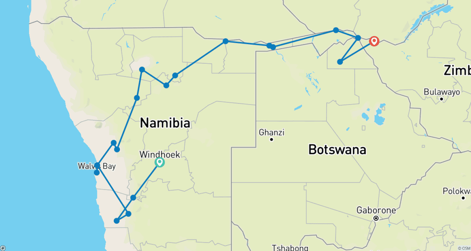 Mapa do percurso de 14 Tage Naturwunder Namibia, Botswana und Simbabwe