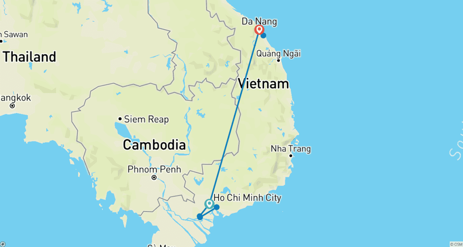 خريطة مسار جولة اكتشاف لمدة 7 أيام إلى Ho Chi Minh وDa Nang