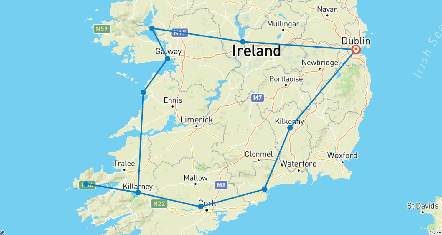 Mapa do percurso de O Tour dos Pubs Irlandeses - 8 Dias/7 Noites (12 destinos)