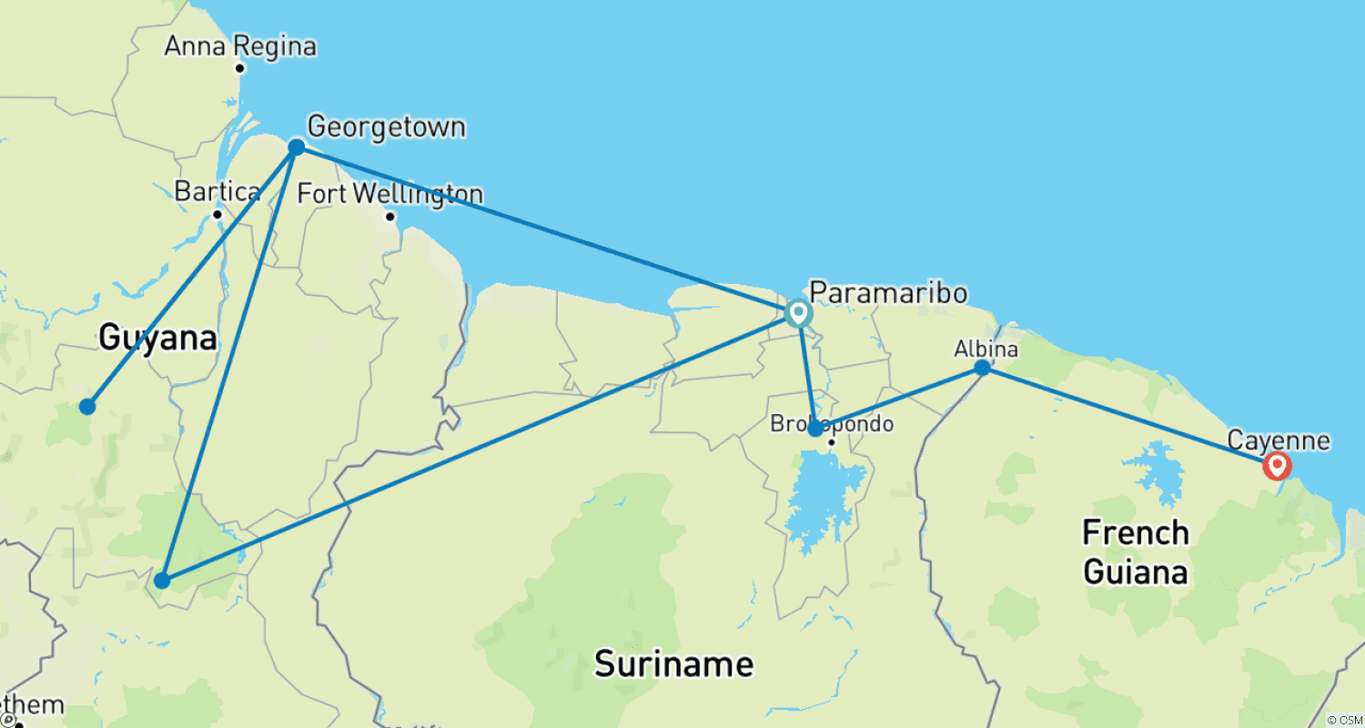 Mapa trasy: Podróż dookoła Surinamu, Gujany i Gujany Francuskiej - 18 dni