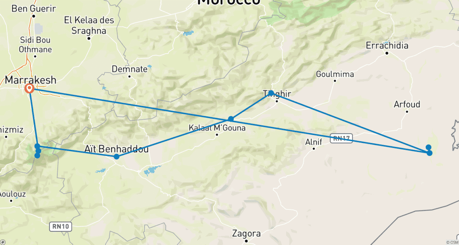 Mapa do percurso de Tour de 5 Dias pelo Monte Toubkal e Saara