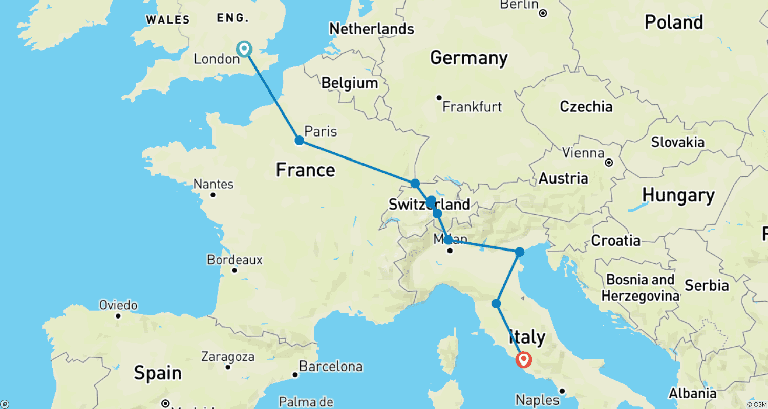 Mapa trasy: Skarby Europy z Londynu do Rzymu (Londyn do Rzymu)