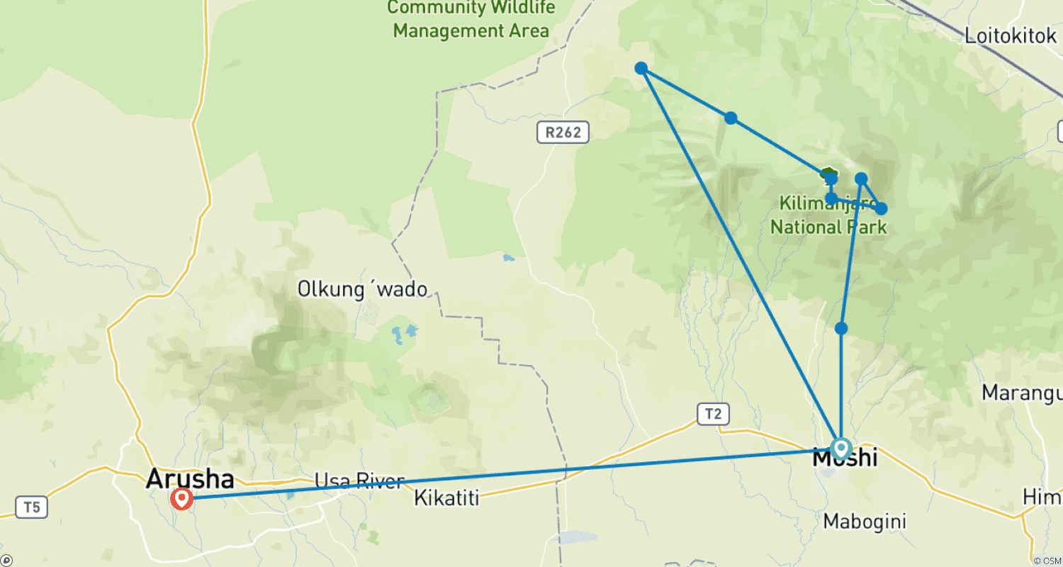 خريطة مسار 6 Days Shira Route Kilimanjaro Climb