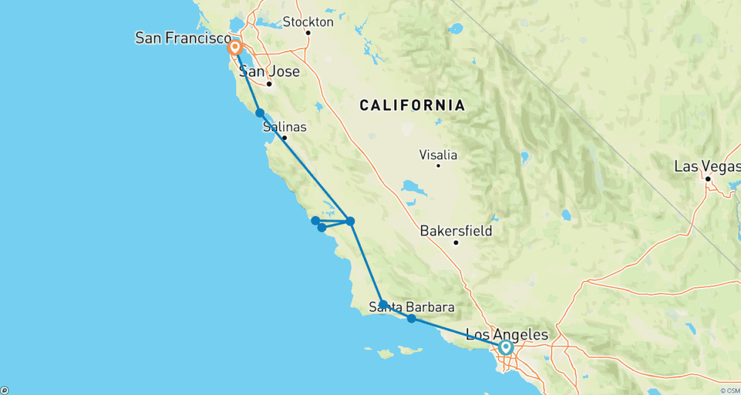 カリフォルニアのセントラルコースト：サンタバーバラ、ソルバング、ハーストキャッスル、ワインカントリー＆レッドウッド | ロサンゼルスからサンフランシスコのルートマップ