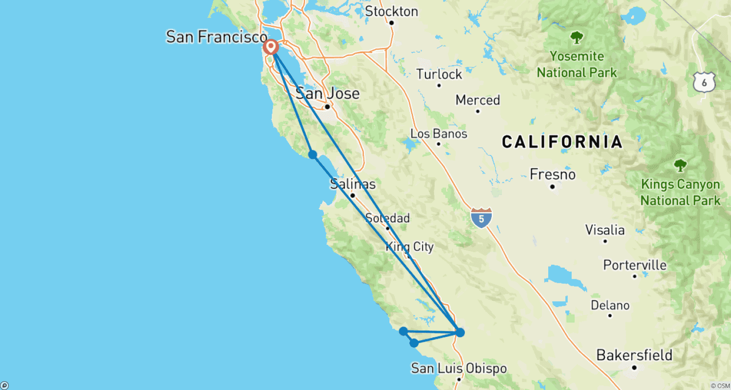 Mapa do percurso de Costa Central da Califórnia saindo de São Francisco: Sequoias Costeiras, Santa Cruz, Hearst Castle e Região Vinícola