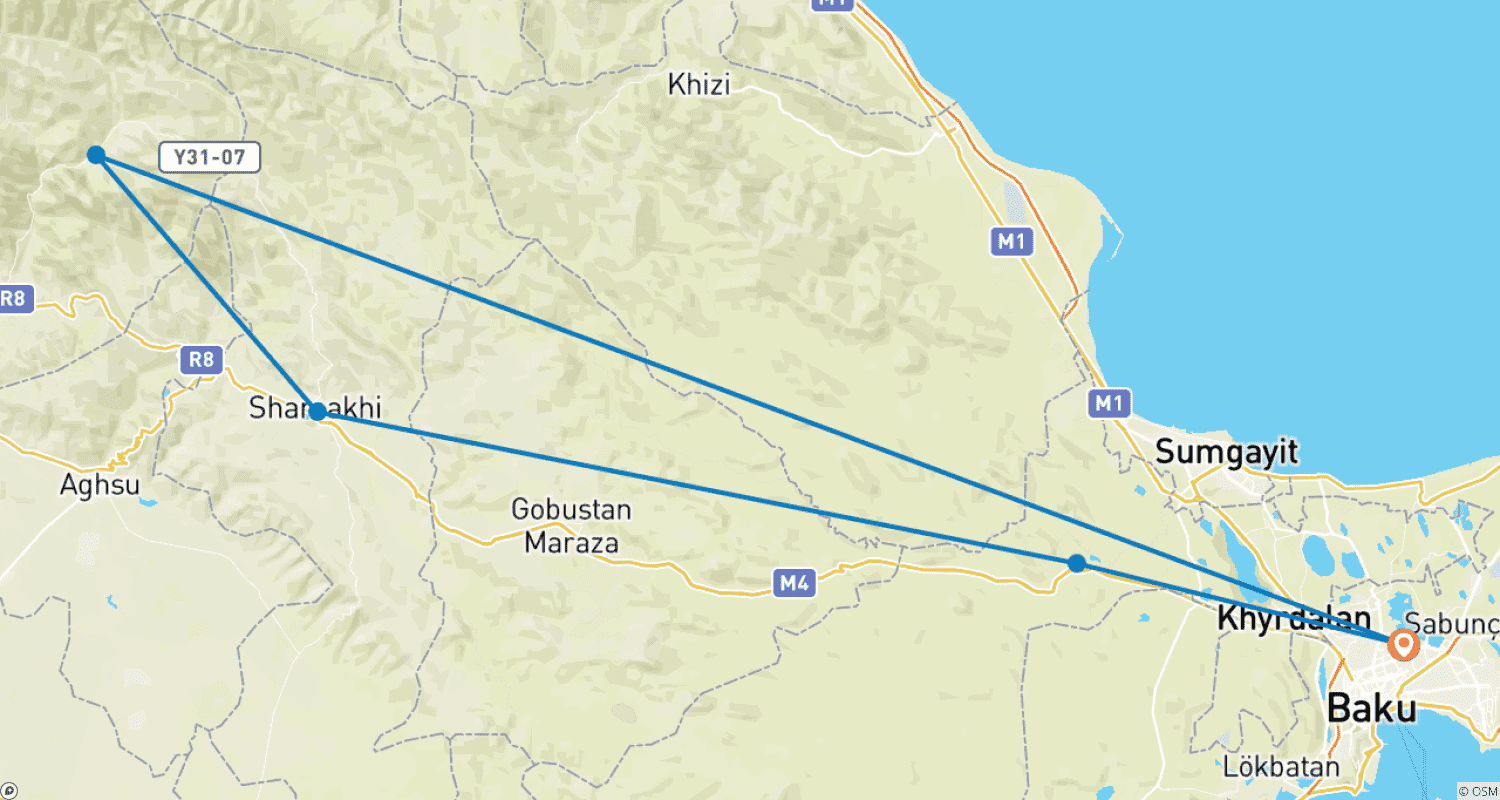 Mapa trasy: 3-dniowa intensywna prywatna wycieczka po Azerbejdżanie