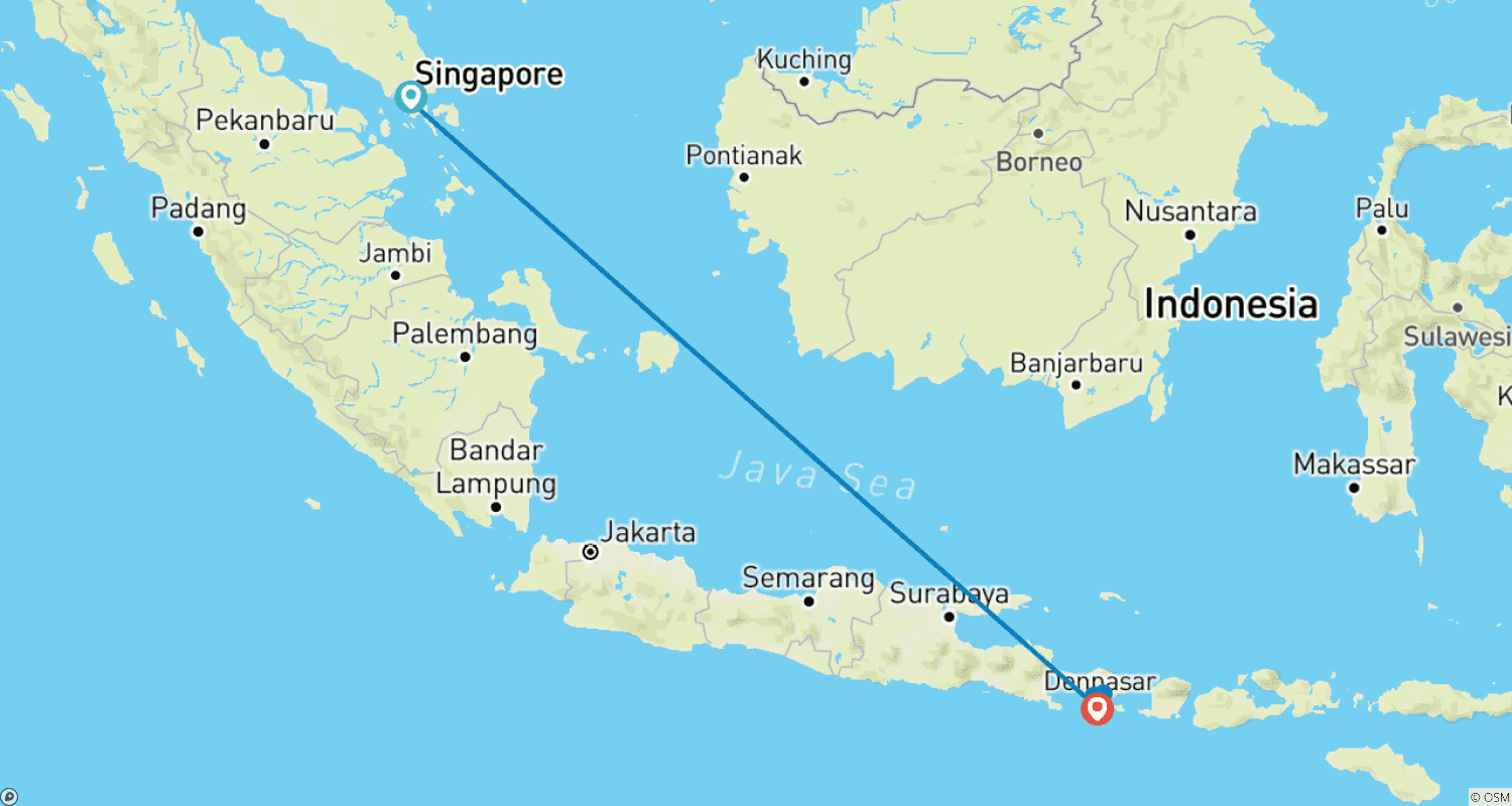 Mapa trasy: Prywatna 7-dniowa wycieczka po Singapurze i Bali z hotelami 4 i 5 gwiazdkowymi, codzienne wyjazdy