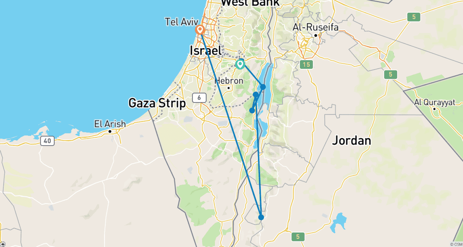 Mapa do percurso de Pacote Turístico de 7 Dias: Destaques de Israel e Jordânia