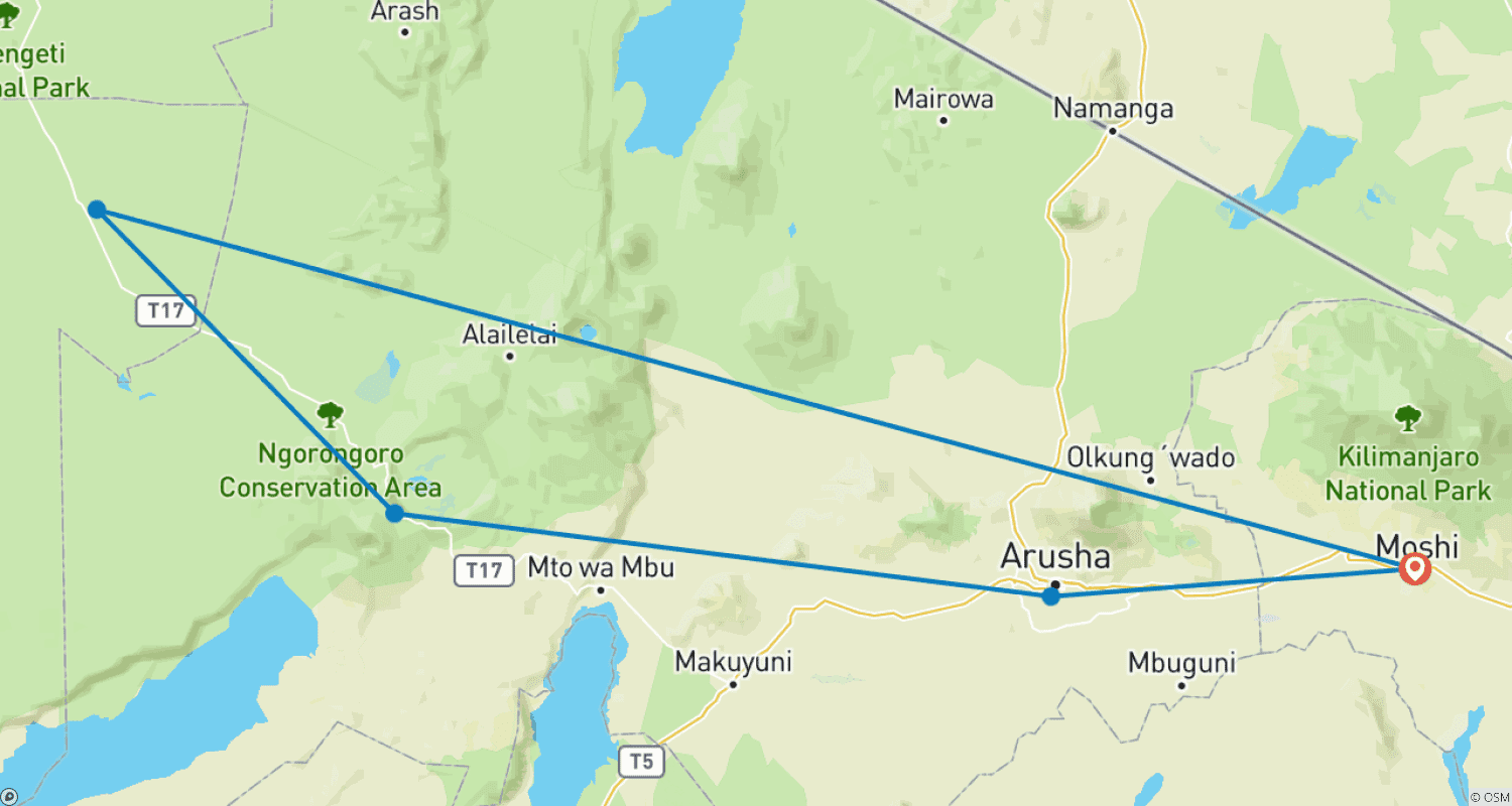 Mapa do percurso de The majestic 3-Day Tanzania Safari | Shared safari