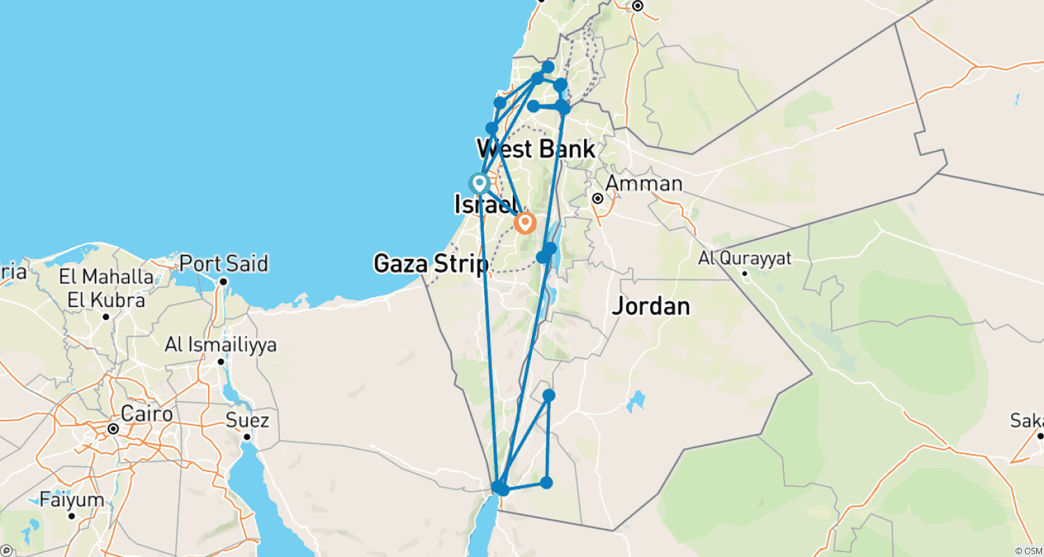Mapa do percurso de 8 Day Highlights of Israel & Jordan Tour Package