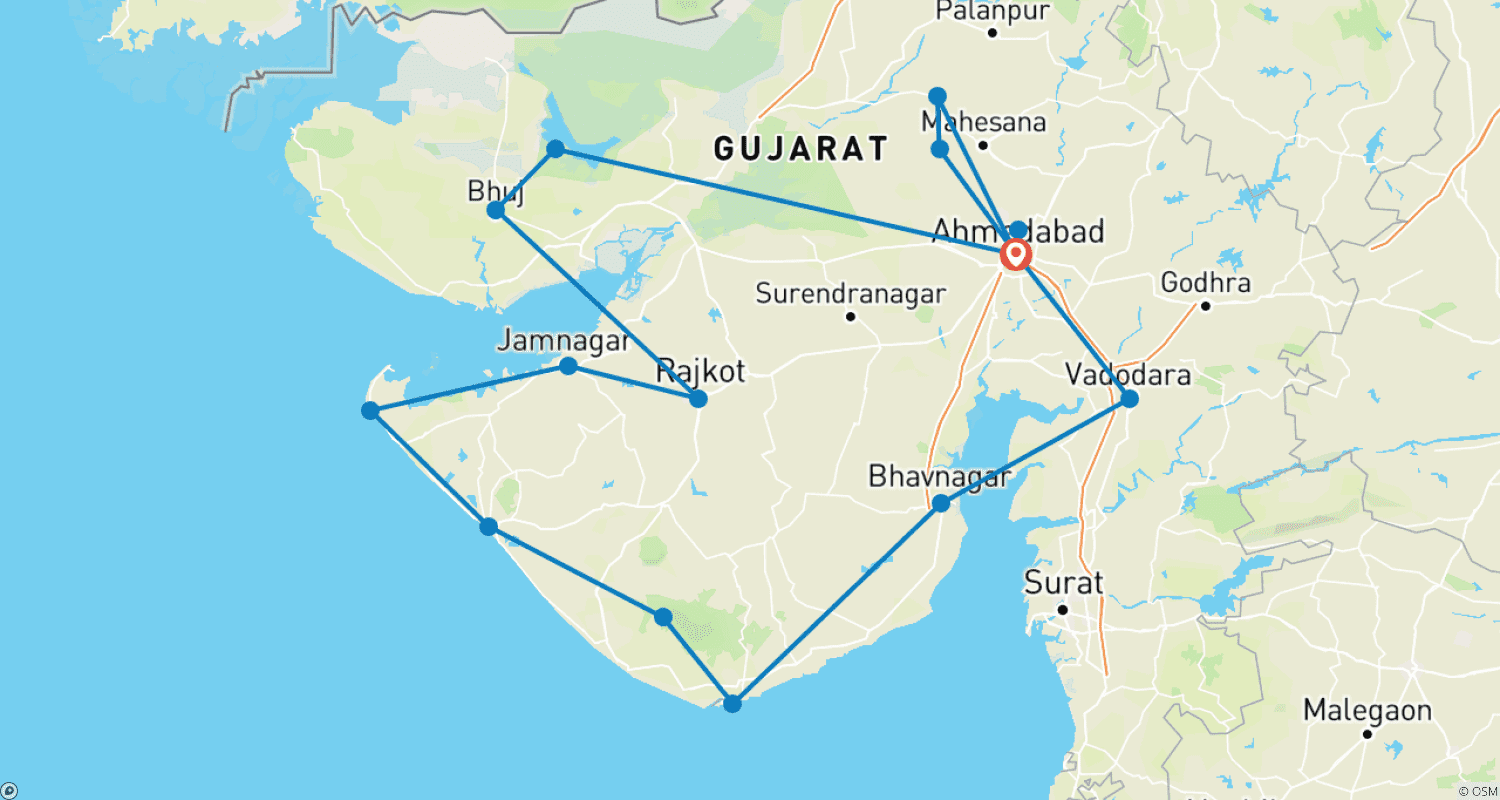 Stunning & Spiritual Gujarat 15 Daysのルートマップ