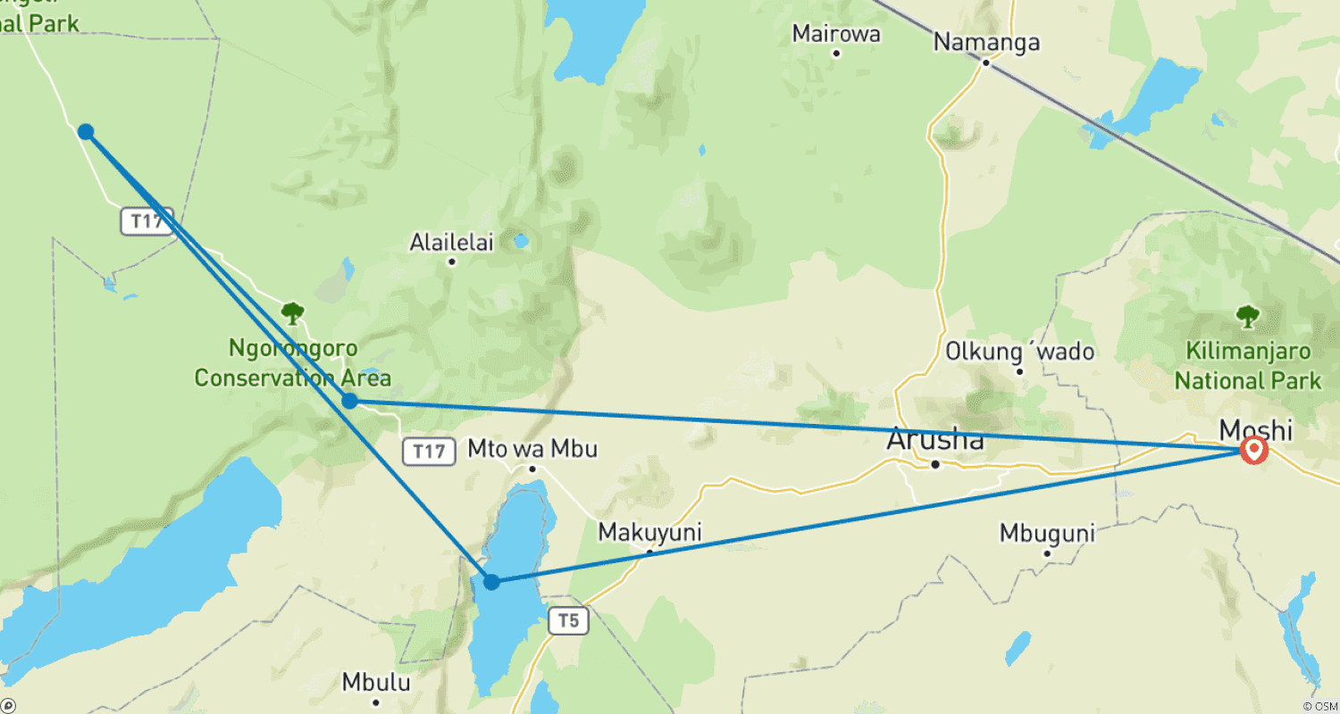 Mapa do percurso de Join Camping 4 Days Tanzania Private Safari