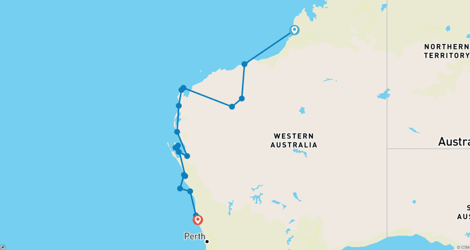 Mapa trasy: Broome do Perth drogą lądową