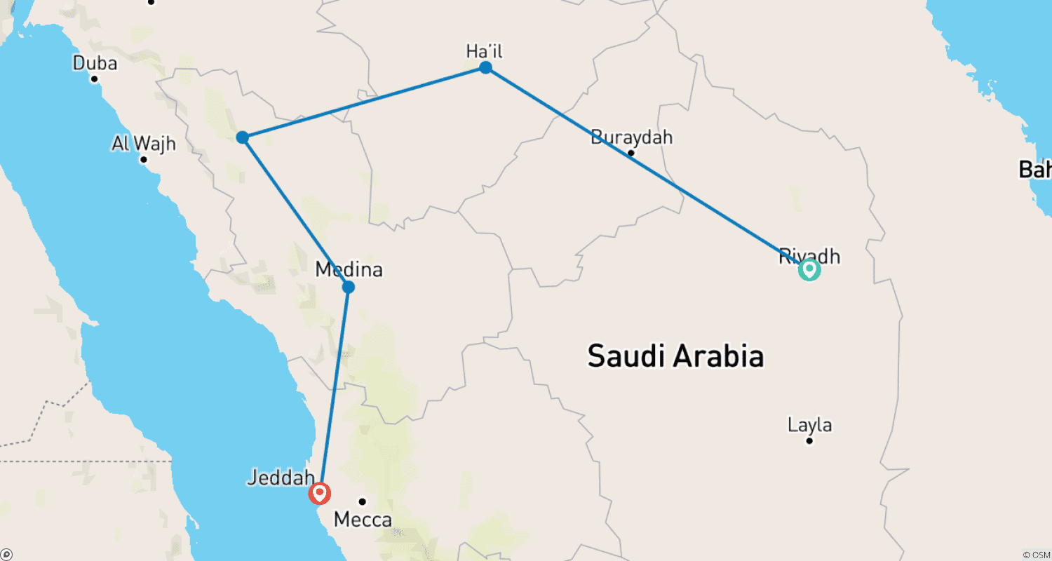 Mapa do percurso de Arábia Saudita Compacta - de Riade via AlUla a Jeddah