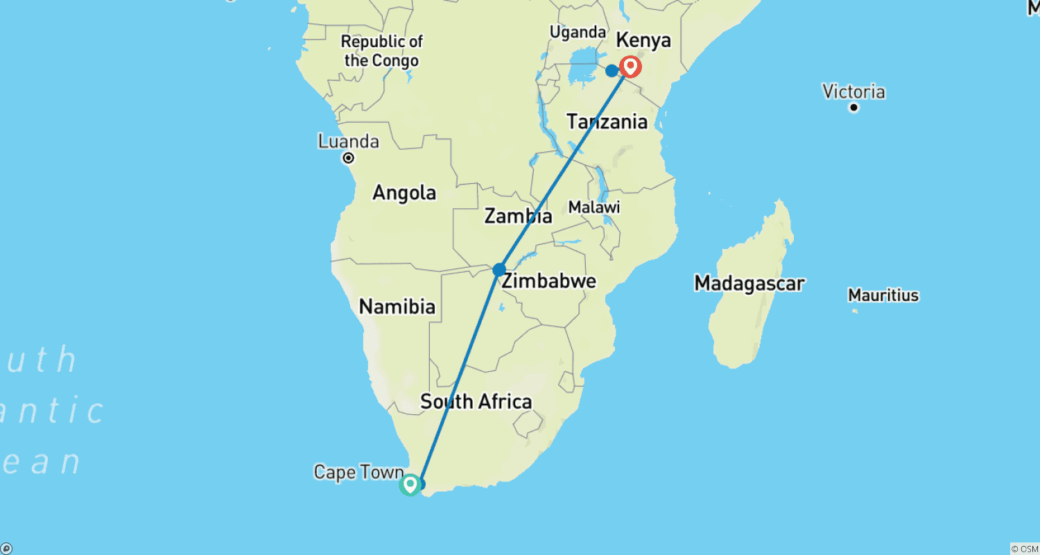 Mapa do percurso de Jewels of Africa Safari: Cape Town, Victoria Falls & Masai Mara – 10 Days