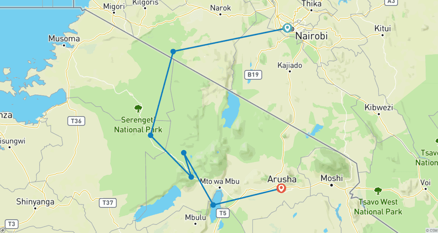 Mapa trasy: Luksusowe Safari Lotnicze po Afryce Wschodniej – 10 Dni