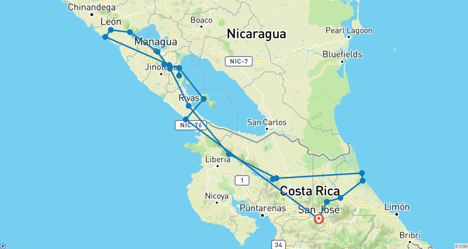 Mapa do percurso de Costa Rica - Nicarágua: tesouros coloniais e natureza exuberante