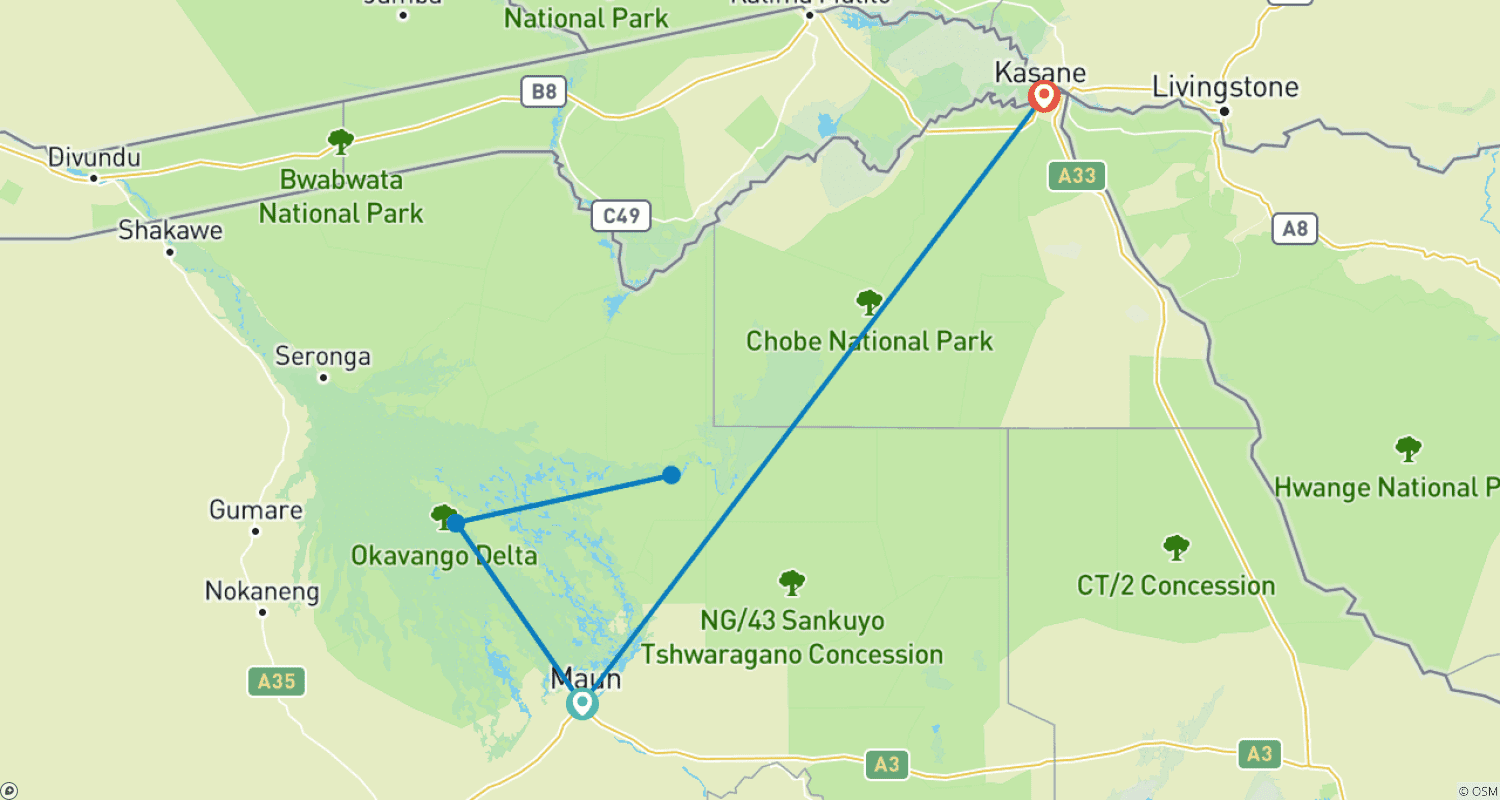 Mapa do percurso de Delta do Okavango & Khwai: Aventura de Safari Suprema