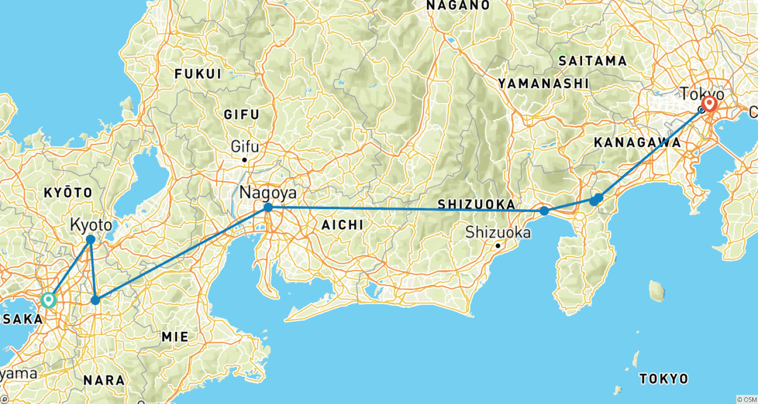 Mapa do percurso de Destaques do Japão (voo incluído)