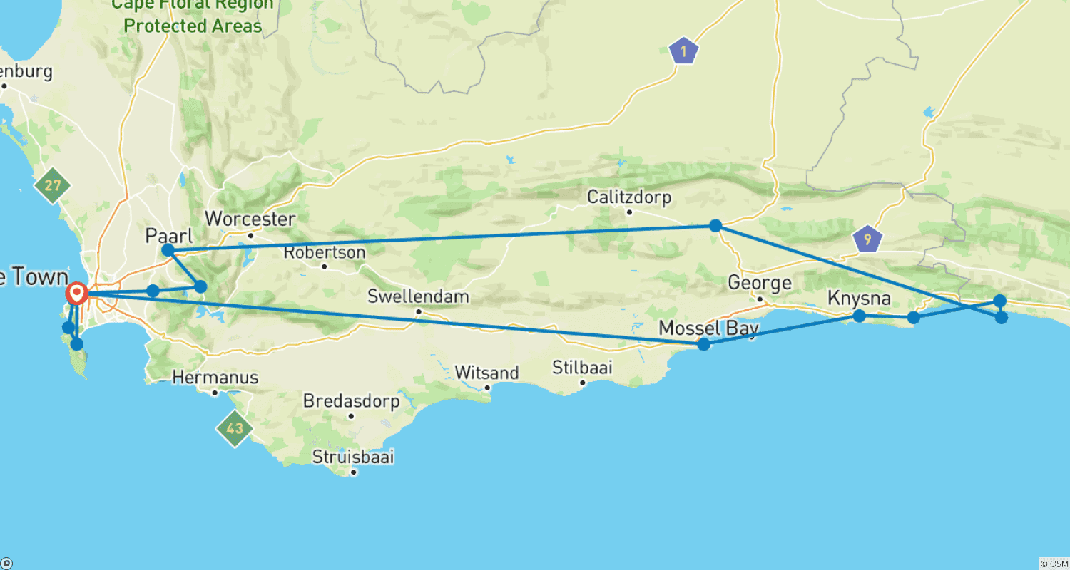 خريطة مسار الطريق الحدائقي الشهير (Garden Route) واستكشاف الكيب (Cape Explorer): 11 يومًا من الجمال والمغامرة