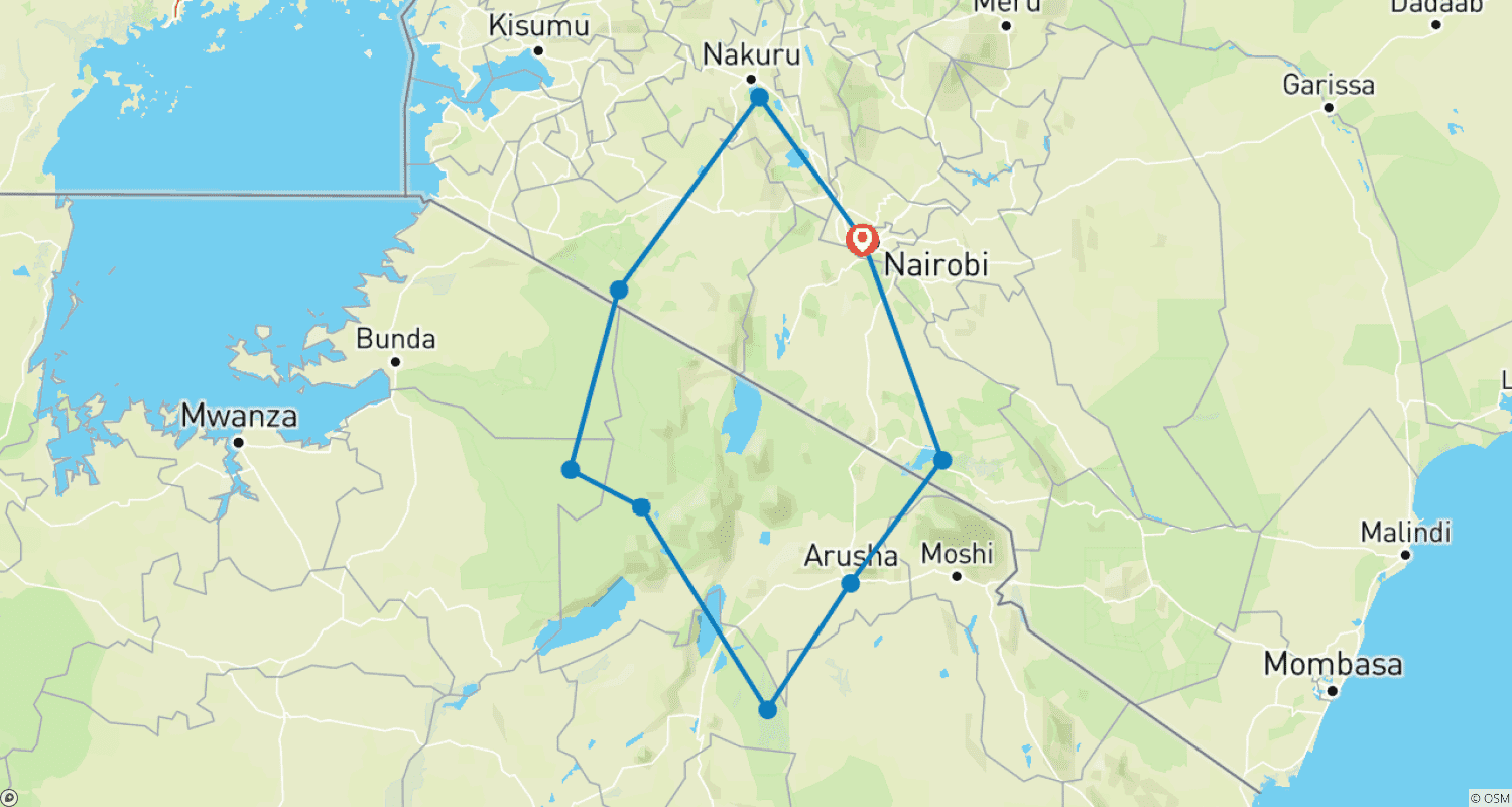 Mapa do percurso de Ultimate East Africa Safari: 13-Day Kenya & Tanzania Migration Adventure