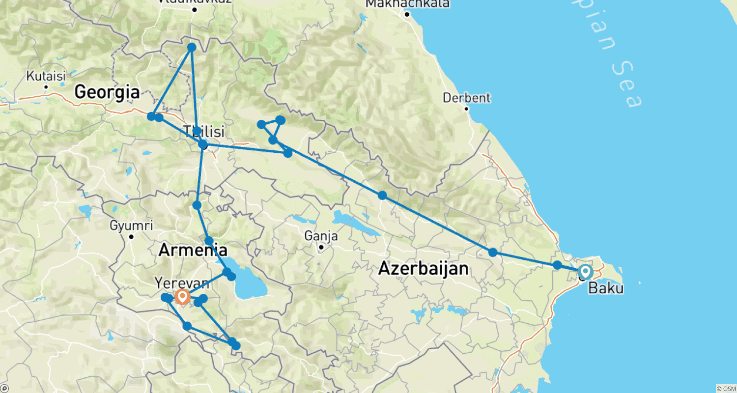Mapa do percurso de Destaques do Azerbaijão, Geórgia e Armênia em 14 dias