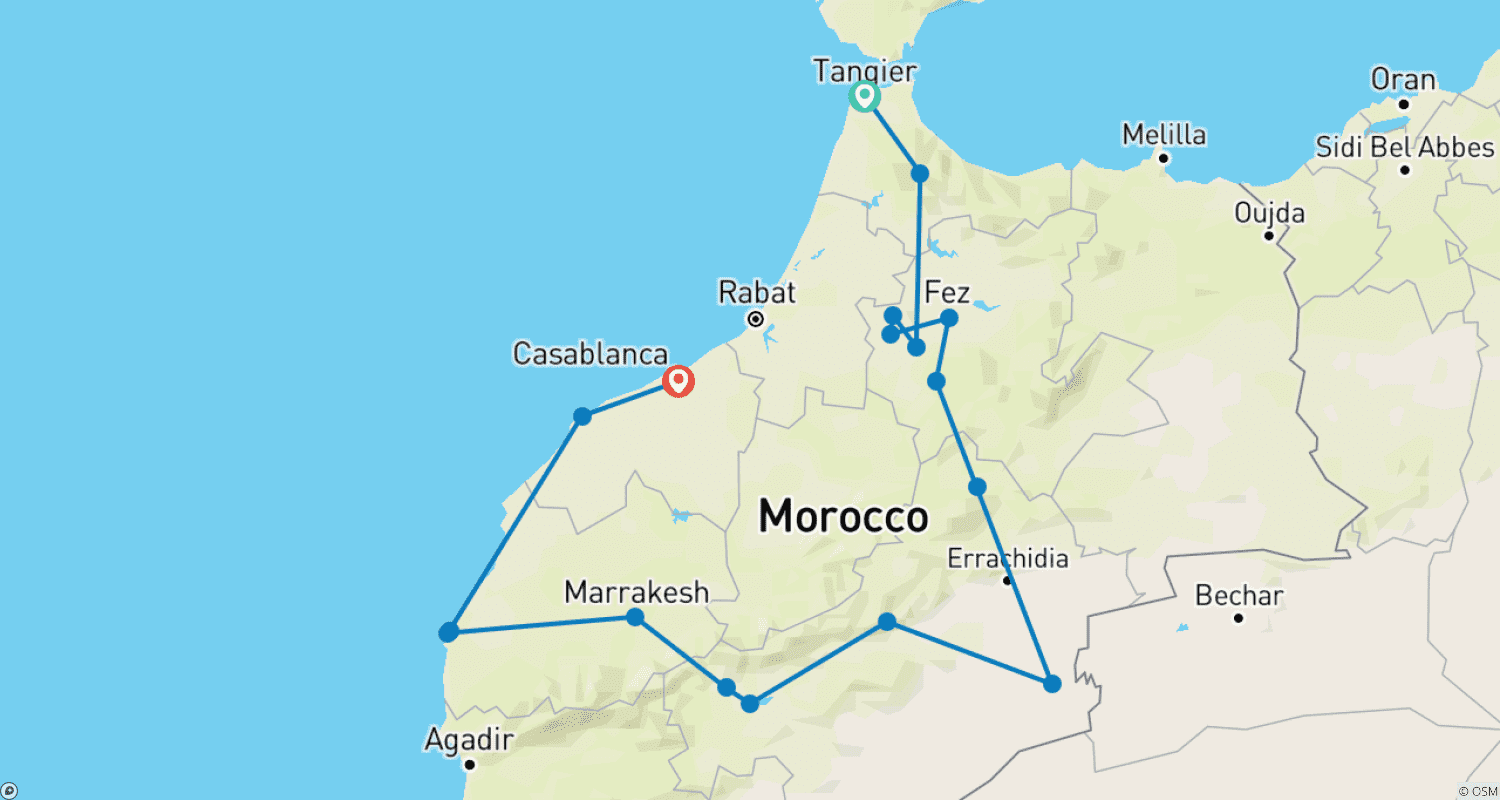 Mapa do percurso de De Tânger a Casablanca, via Chefchaouen, Fez, Deserto e Marraquexe. (Hotéis 4* privados)