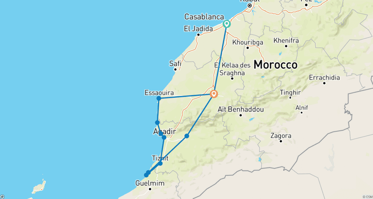 Mapa do percurso de 9-Day Morocco Coast & Culture Tour: Casablanca to Marrakech
