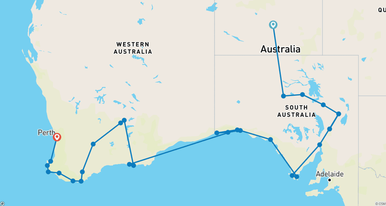 Alice Springs to Perth Overlandのルートマップ