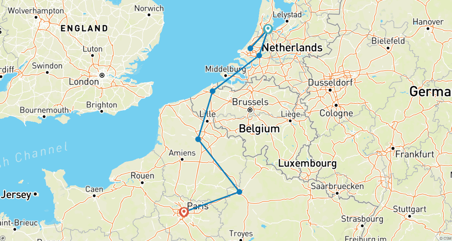 Mapa trasy: Podróż przez Niderlandy, Belgię i Francję: Kanały, Szampan i Kultura (z Amsterdamu do Paryża) (2026)