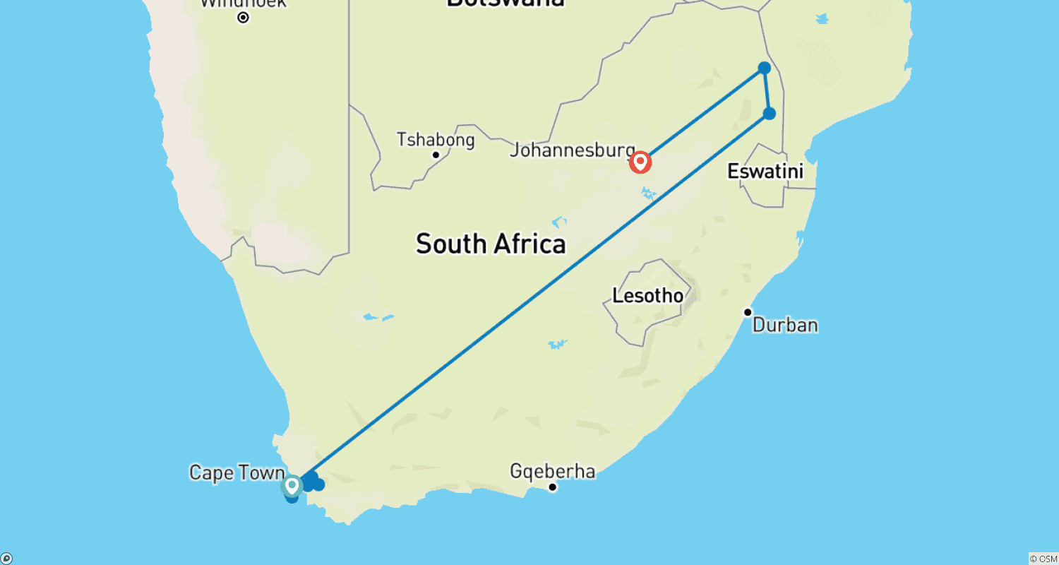 Mapa do percurso de Da Montanha da Mesa aos Cinco Grandes: Uma Escapada Perfeita na África do Sul