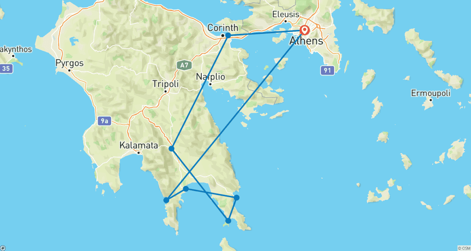 خريطة مسار South Peloponnese Guided E-Bike Tour: Areopoli, Monemvasia, Elafonisos, Diros Caves & Mystras