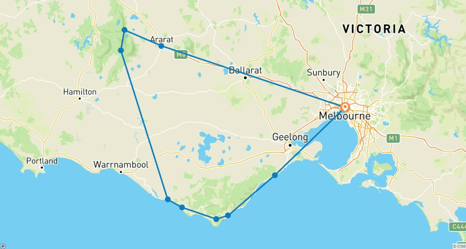Mapa do percurso de Excursão de 2 Dias pela Great Ocean Road e Grampians - De Melbourne a Melbourne