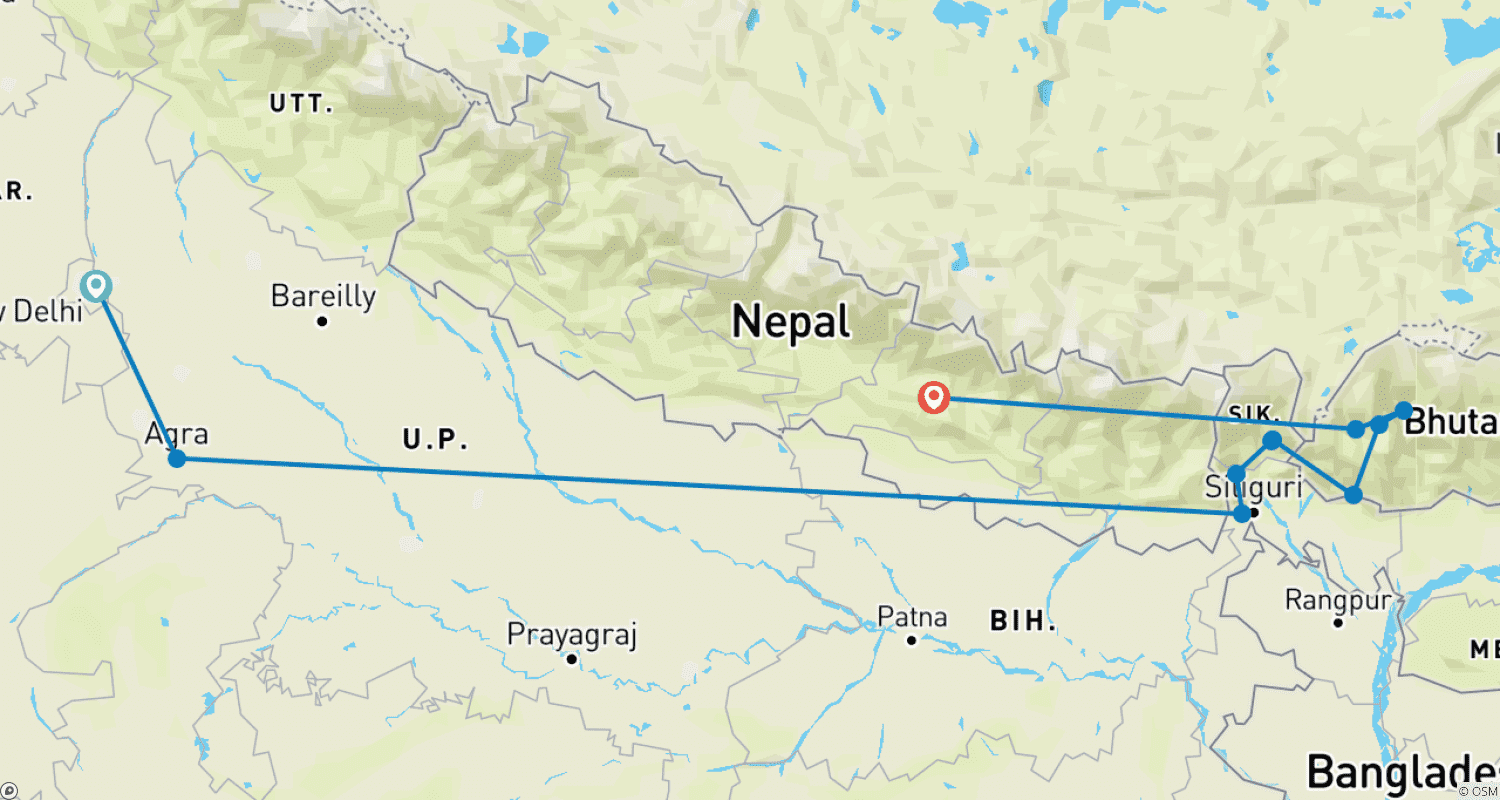 Mapa trasy: 16 days India - Bhutan - Nepal: Taj Mahal-mountain monasteries-temple scenery of the Himalayas