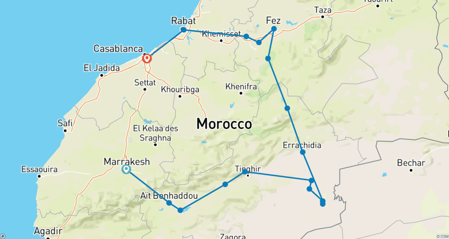 خريطة مسار جولة المغرب الكلاسيكية (خاصة، بإرشاد كامل، فنادق 4 نجوم)