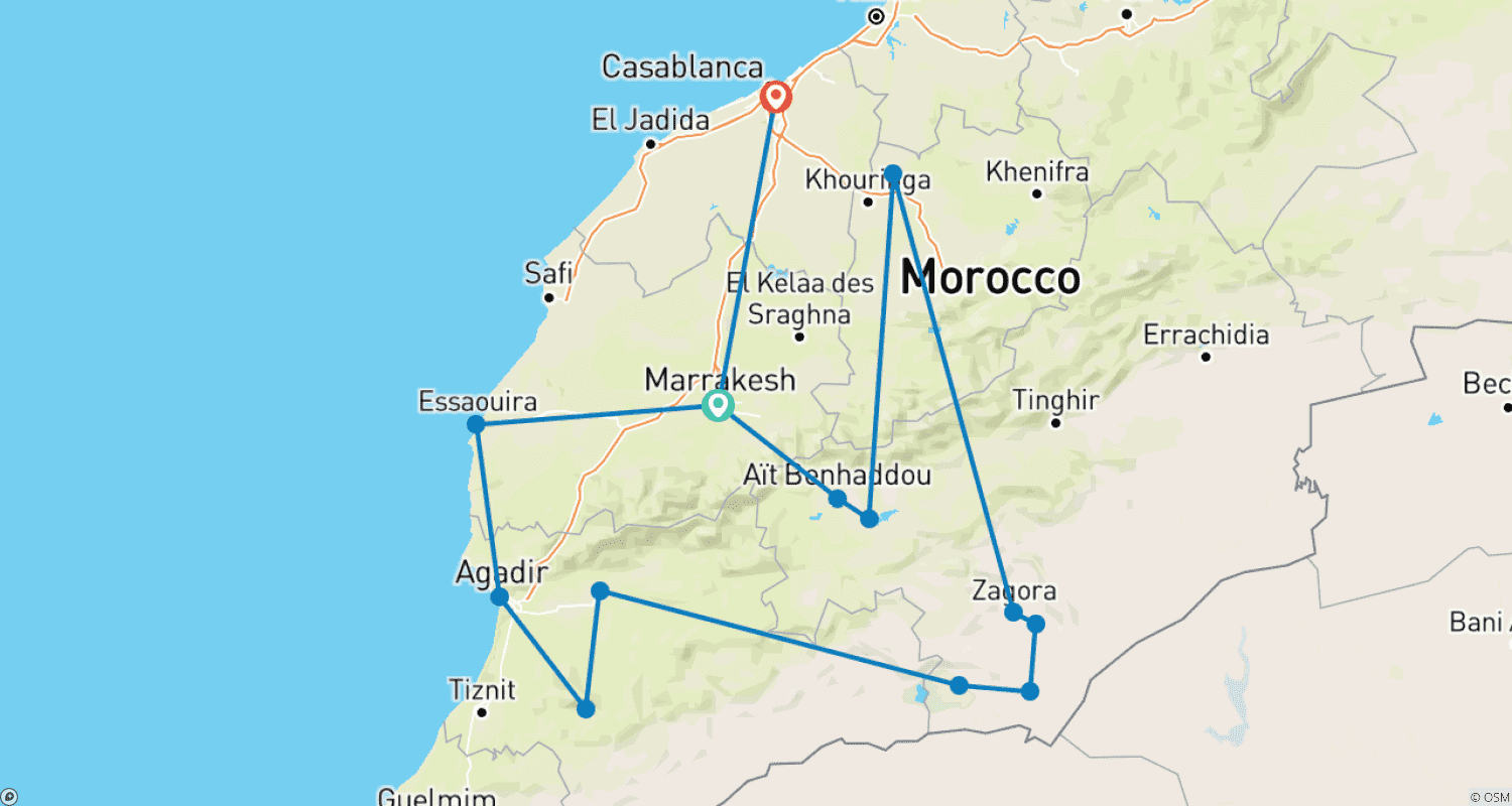11 Days Grand South Morocco Experience Tour From Marrakeshのルートマップ
