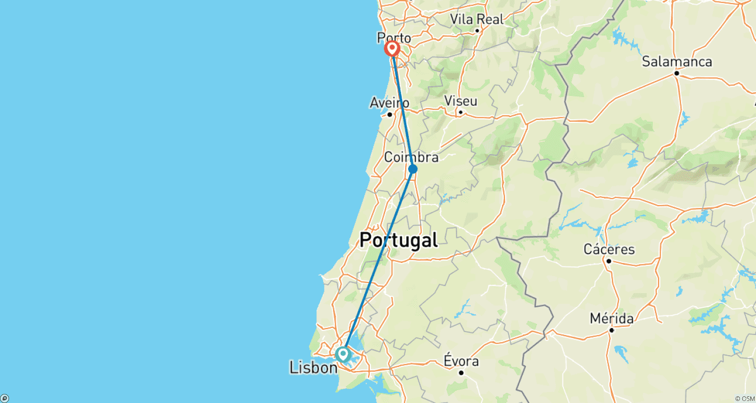 Mapa do percurso de From Lisbon, through Coimbra, to Porto