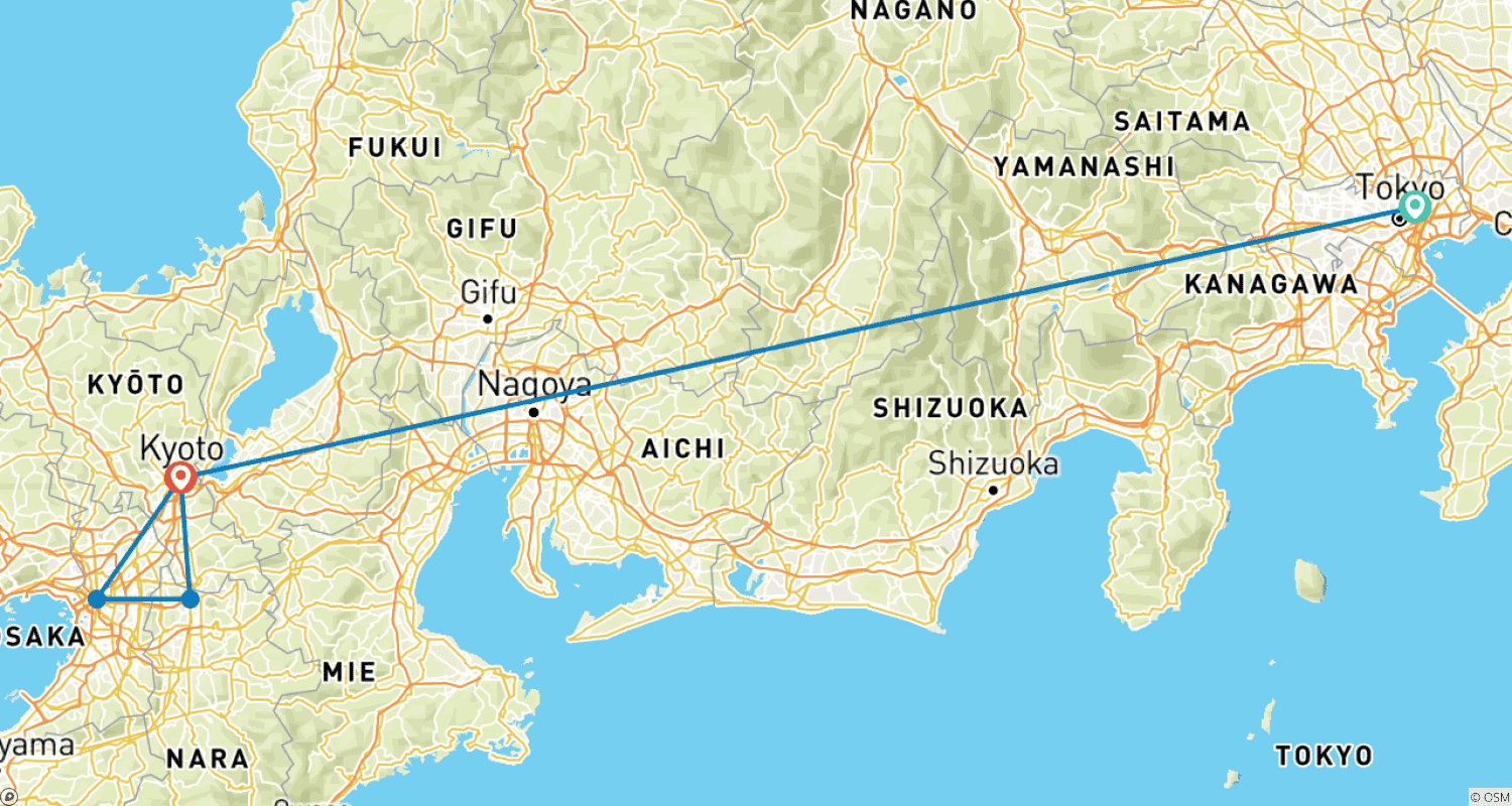 東京発 3日間 京都・大阪・奈良ツアーのルートマップ