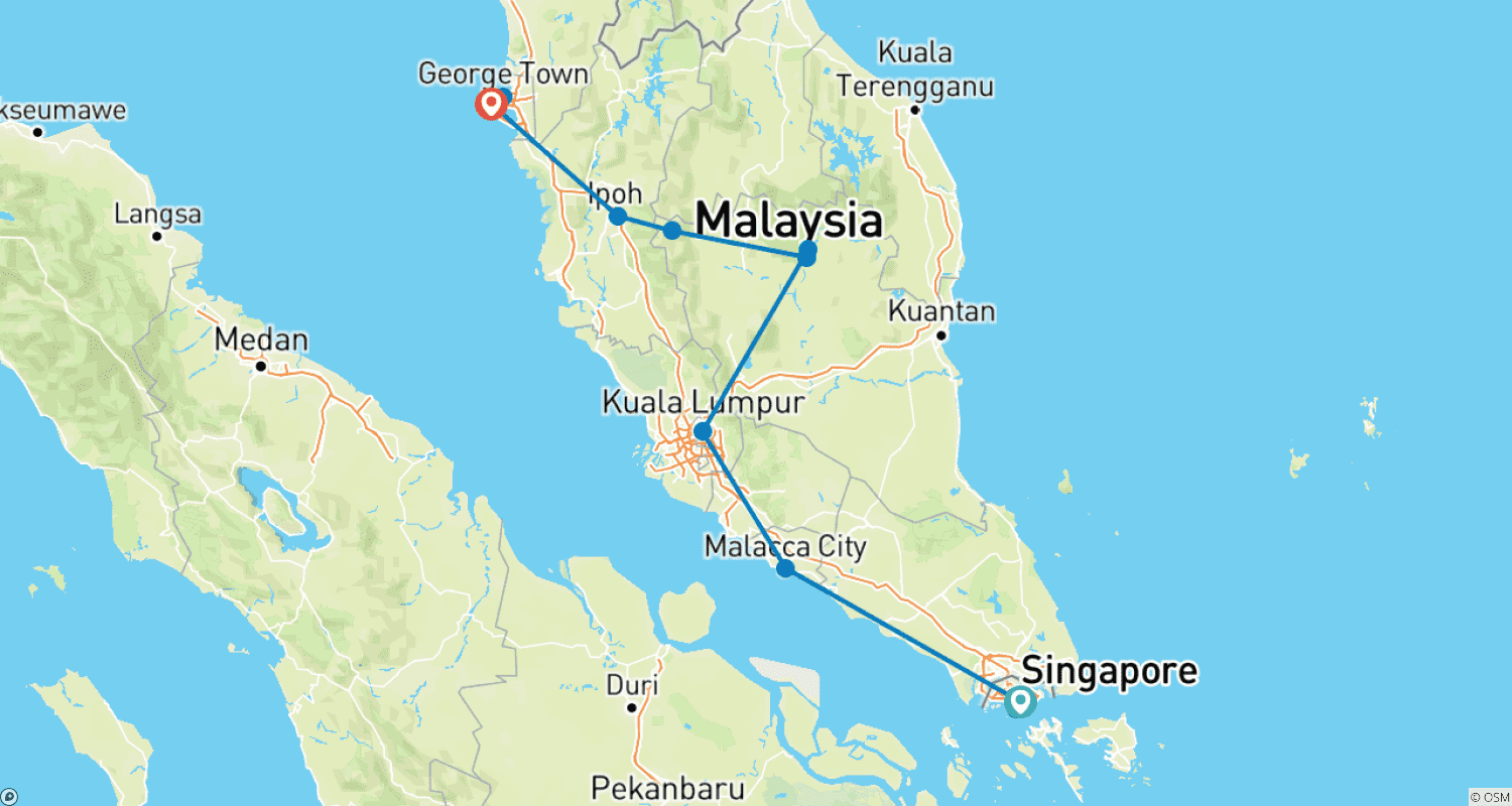 Mapa do percurso de 14 dias Singapura e Malásia: mundo de metrópoles, florestas tropicais e ilhas