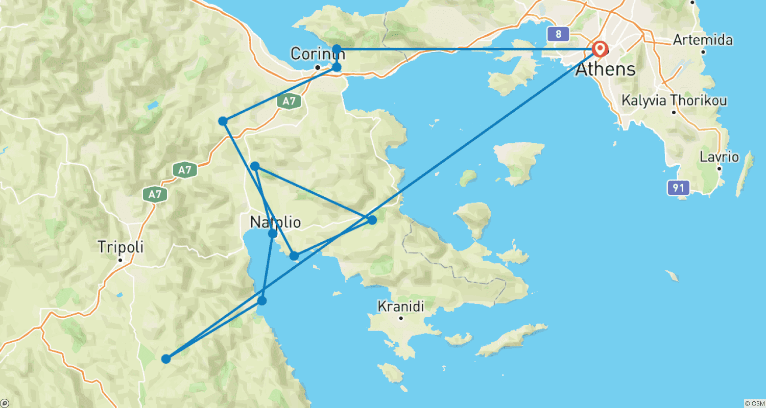 Mapa trasy: Wycieczka z przewodnikiem na rowerach elektrycznych po Wschodnim Peloponezie: Astros, Nafplio, Mykeny, Epidauros, Tolo, Nemea, Loutraki