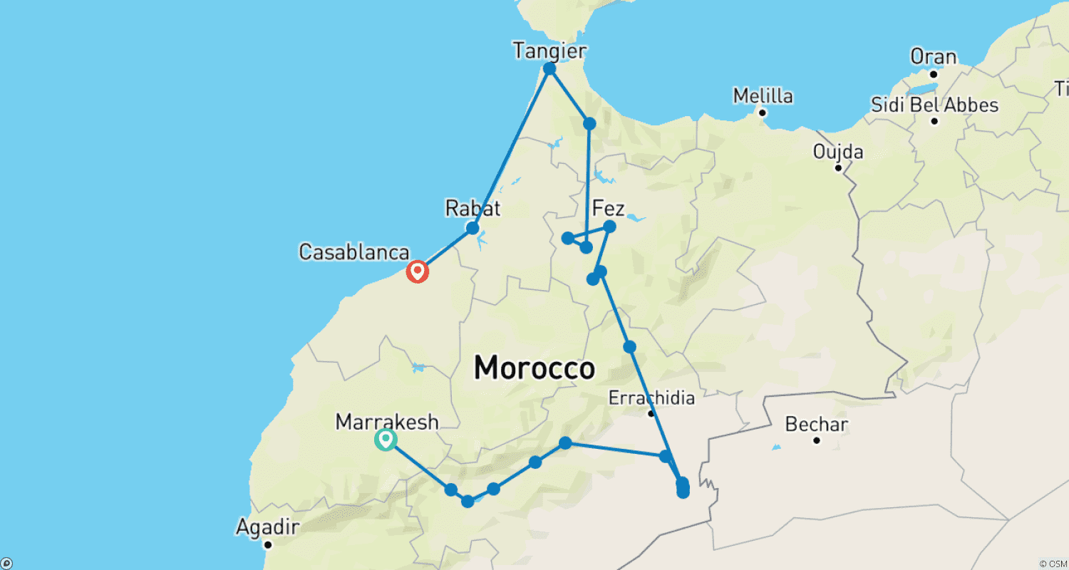 Mapa do percurso de 12-Day Private Morocco Tour from Marrakech: Explore Culture, Desert, and More